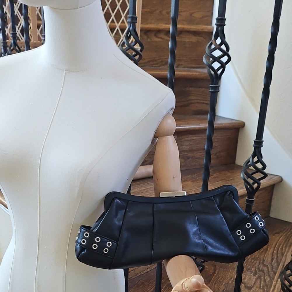 Charles David Black Leather Wristlet with Silver Accents